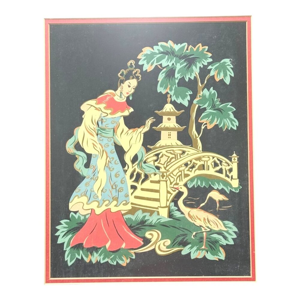 Vintage Japanese Geisha Crane Scene Framed Art Print Unique Home Decor 15x18 SEE - Picture 2 of 11